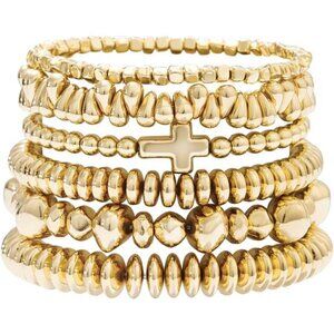 Surfer Heishi Clay Bead Bracelets for Women Bohemian Stackable Gold Cross Set